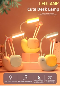 Detail view of cartoon snail LED desk lamp with flexible neck and integrated pen holder
