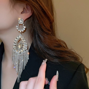 Elegant long silver tassel earrings with sparkling crystals worn by model in profile view