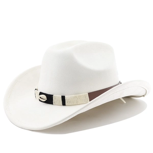 Detail of white felt cowboy hat with bohemian tri-color braided band and shell ornament
