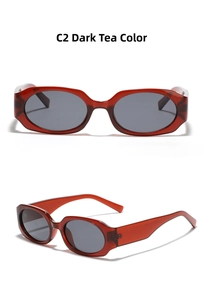 Detail view of narrow rectangular dark tea resin sunglasses with C2 color code