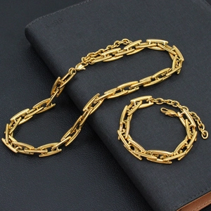 Luxurious 18K gold plated titanium steel chain necklace and bracelet set on leather