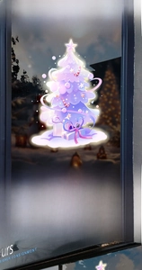 Detail of purple Christmas tree window sticker with glowing stars and gift boxes on glass