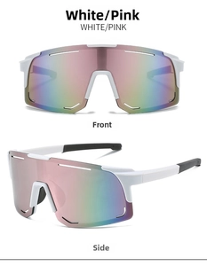 Front and side views of white cycling sunglasses with pink mirrored lenses