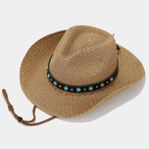 Brown western straw cowboy hat with turquoise beaded band and adjustable wind rope