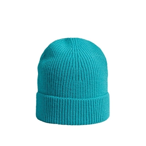Minimalist teal ribbed knit beanie hat for winter warmth with cuffed design on white background