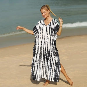 Women Tie Dye Beach Cover Up Kaftan Dress V Neck Loose Vertical Stripes Side Slit Summer Vacation Outwear Polyester
