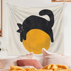 Minimalist black cat tapestry on bedroom wall with a large yellow moon illustration