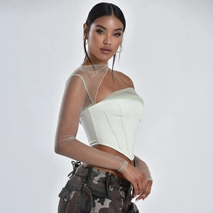 Top a corsetto verde chiaro alla moda con manica lunga in rete trasparente per donna