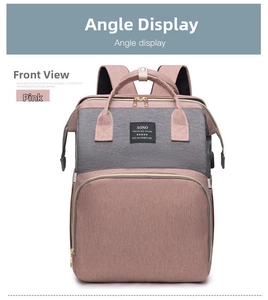 Detail view of pink and grey multi-functional diaper backpack with waterproof fabric