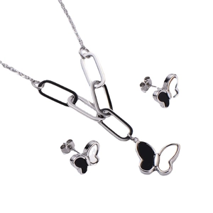 Fashionable butterfly pendant necklace and earrings set with black and white shell inlay