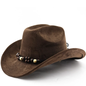 Western Cowboy Hat Faux Suede Wide Brim With Wood Beads Ethnic Style Sun Protection For Men Women