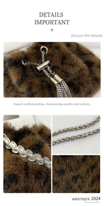 Detail view of leopard print faux fur texture with elegant silver chain and crystal accents