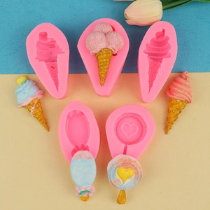 Pink silicone mold for ice cream shaped treats with finished colorful crafts