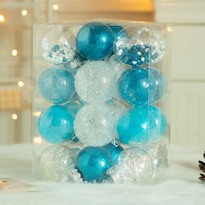 24-piece blue and white Christmas ball set in a gift box on a white faux fur mat
