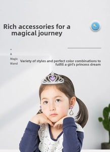 Detail of child wearing a silver crown with purple heart gems and matching earrings