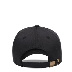 Back view of black cotton baseball cap showing adjustable antique bronze metal buckle