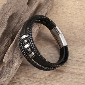 Multilayer black woven leather bracelet with silver magnetic clasp and metal rings