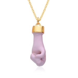 Polished gold necklace featuring a unique lavender purple fist gesture pendant for women