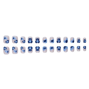 Blue abstract watercolor press-on nails set with 24 pieces in short round square shape