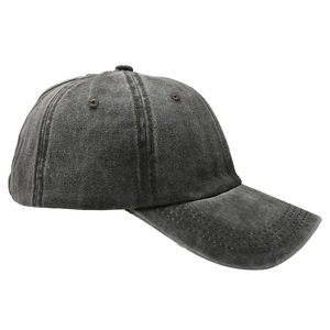 Detail view of washed cotton baseball cap with retro distressed gray fabric and stitching