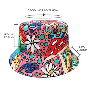 Colorful mushroom print bucket hat for women and men with 56-58cm size chart details