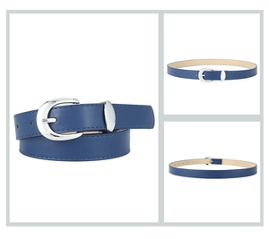 Detailed views of a blue PU leather belt featuring an oval silver buckle and metal loop