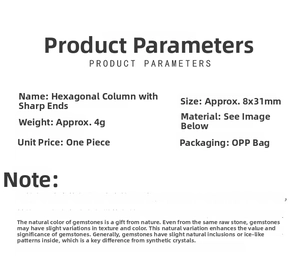 Detailed specifications chart for 8x31mm natural crystal double-pointed hexagonal pillars