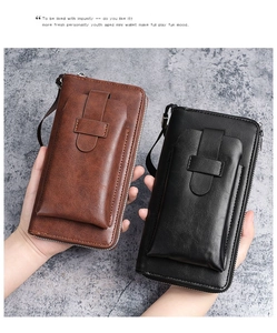 Men long business wallet showing brown and black PU leather texture with zipper detail
