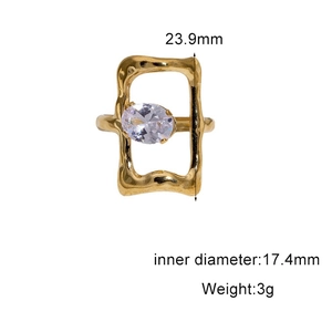 Detail view of 18k gold plated stainless steel ring with zircon stone and dimensions