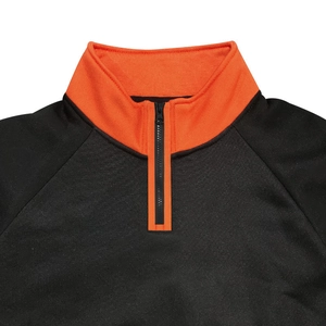 Close-up of contrast orange stand collar and half-zip detail on black fleece sweatshirt