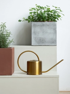Detail view of gold stainless steel watering can with long spout in modern garden setting