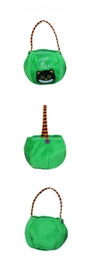 Three-view of green plush Halloween treat bag with black cat print and striped handles