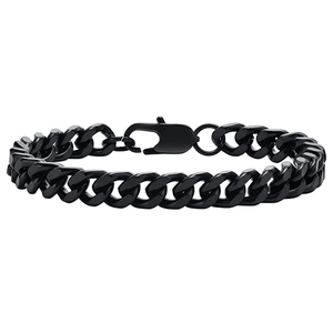Detail of a bold black stainless steel Cuban link bracelet with a secure lobster clasp