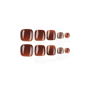 Press-on toenails in coffee red and silver glitter finish with mirror gloss texture