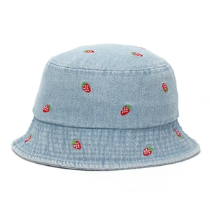 Toddler sun hat with strawberry embroidery on light blue washed denim fabric