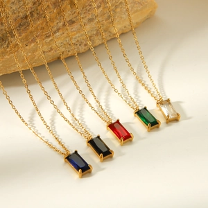18K gold plated stainless steel necklaces with colorful rectangular zircon pendants