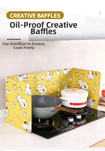 Foldable aluminum kitchen oil baffle featuring cute white cat patterns on yellow surface