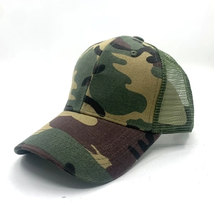 Classic woodland camouflage trucker hat with green mesh back for outdoor sun protection