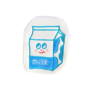 White plush coin purse with blue milk carton embroidery and zipper closure