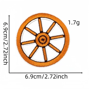 Detail view of western wheel embroidered patch showing size 6.9cm and fine stitching