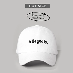 Detail of adjustable cotton baseball cap featuring black Allegedly embroidery on white