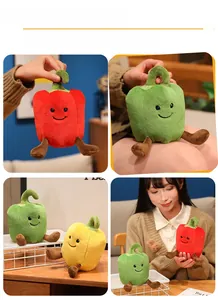 Detailed views of colorful bell pepper plushies with cute expressions and soft textures