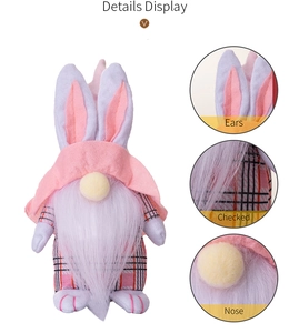 Detail view of Easter bunny gnome plush showing pink checkered fabric and soft rabbit ears
