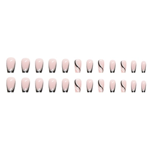 Short ballet nails set with pink base, black French lines and silver glitter accents