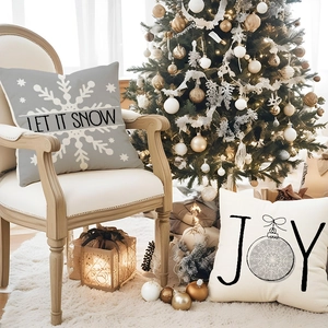 Grey Christmas snowflake and white JOY printed linen pillow covers for sofa decor