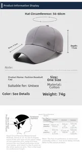 Size chart and measurement guide for cotton baseball cap with 9.5cm brim and 56-60cm circumference