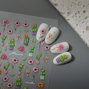 Exquisite 5D embossed cactus and flower nail art stickers for creative DIY manicure