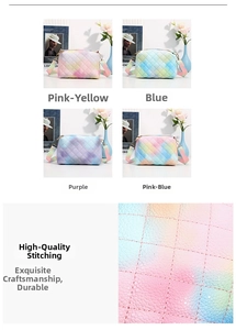 Detail of four gradient tie-dye quilted crossbody bags with adjustable rainbow straps