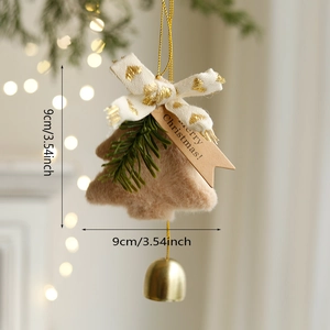 Brown felt Christmas tree ornament with golden bell and Merry Christmas wood tag, 9cm size