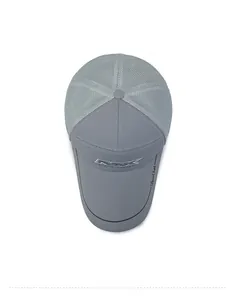 Top view of grey mesh baseball cap with Sport hat printing and RMX embroidery detail